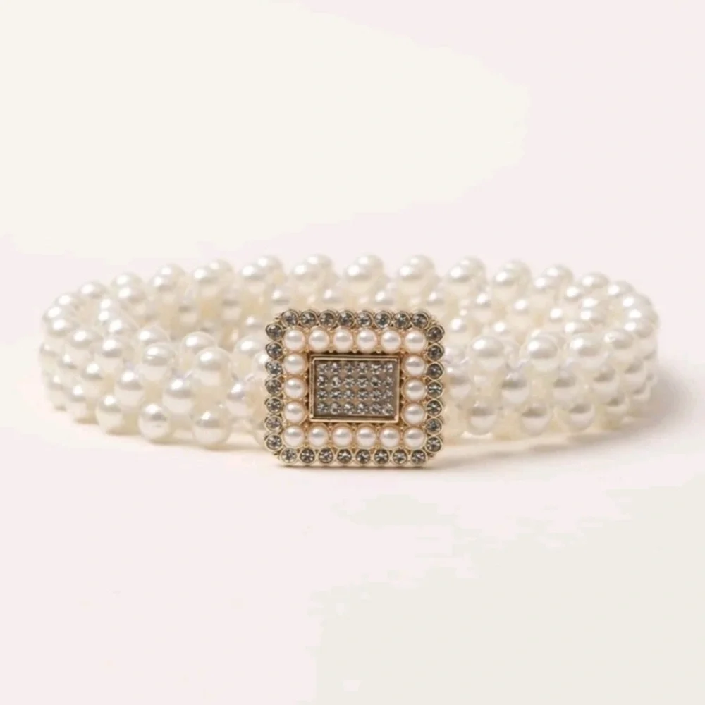 Faux‎ white pearl beaded square buckle elegant elastic stretch waist belt